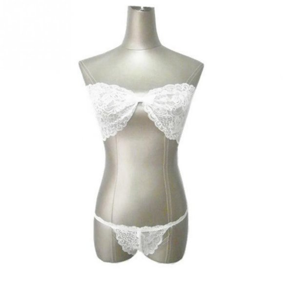 White Lace Criss Cross Back Bandeau Bralette Set - Picture 2 of 5